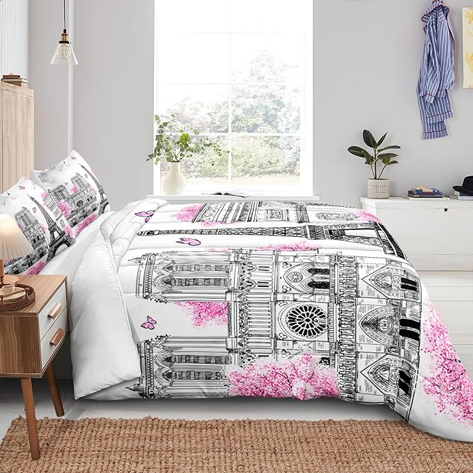 Bedbay Girls Teen Queen Bedding Set Paris Eiffel Tower Comforter Set 4 Pcs Pink Flowers Duvet Set Romantic French Style Quilt Bedding Set Lightweight Down Alternative Comforter(Paris,Queen)