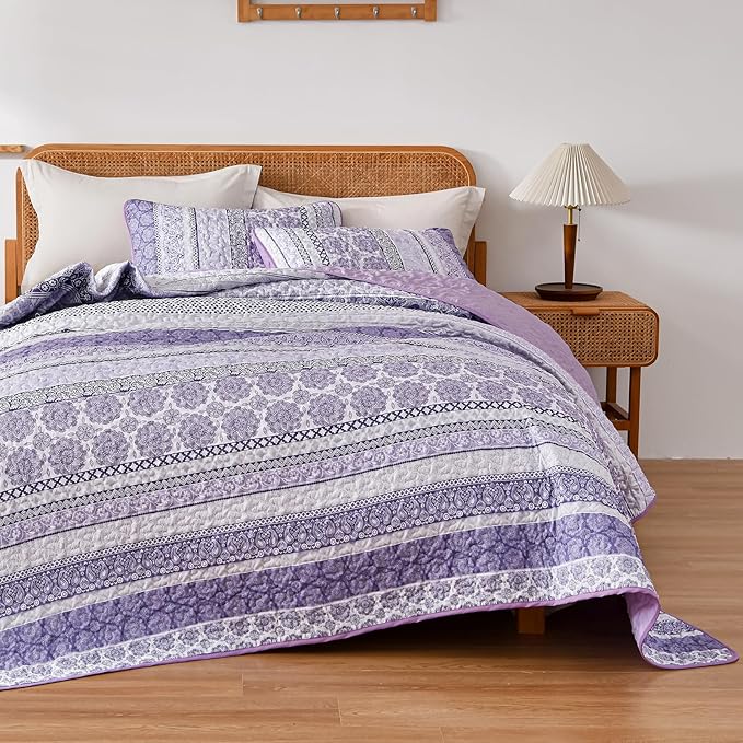 WONGS BEDDING Boho Quilt Set King Size, Purple Bohemian 3 Pieces Quilt Sets, Lightweight Bedspread Coverlet Bedding Set for All Season (104"x90")