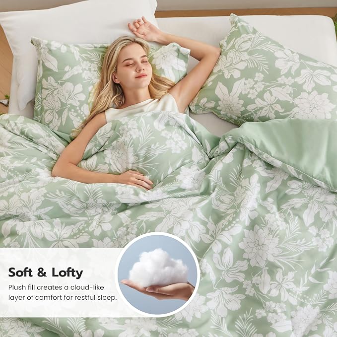 Joiedomi Full Size Comforter Set Sage Green, 3 Pieces Floral Full Bedding Set with 1 Soft Reversible Botanical Flower Comforter and 2 Pillow Shams, Bed in a Bag for All Seasons