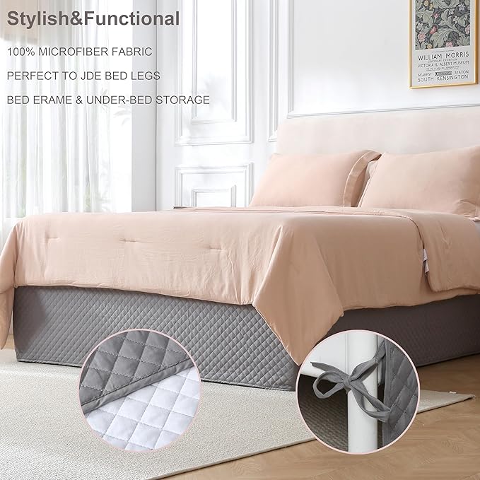 Full Size Gray Bed Skirt with 14-Inch Drop, Easy Fit Wrap-Around Cover for Bed, Wrinkle-Free and Fade-Resistant Box Spring Cover. (Gray Grid, Full)