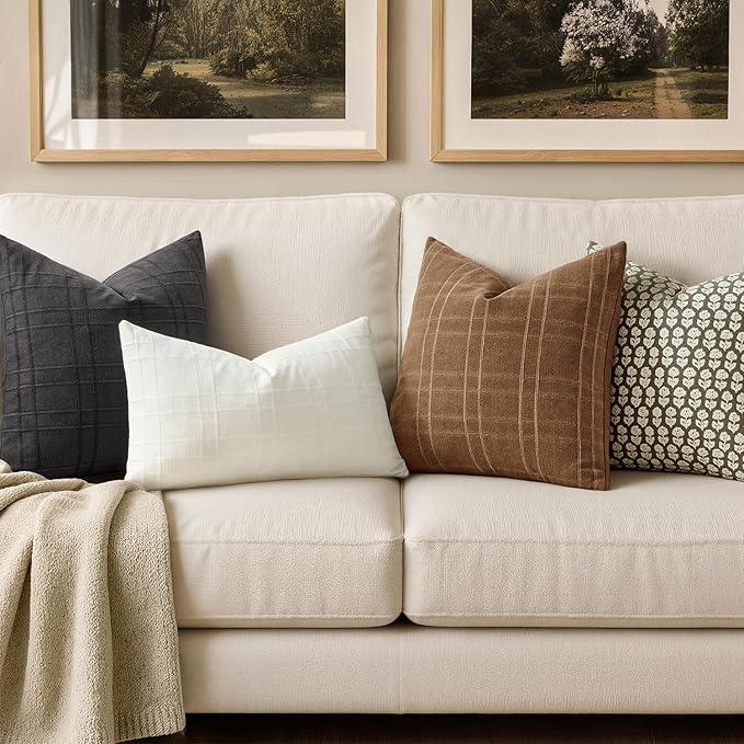MIULEE Decorative Linen Check Throw Pillow Covers Neutral Farmhouse Vintage Pillow Covers 18x18 Set of 2 Boho Modern Winter Home Decor for Sofa Couch Bedroom Cushion Camel Brown