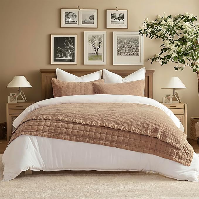 EVERGRACEHOME Stonewashed Cotton Quilt Set Full Queen Size, Ultra Soft Oversized Bedspread Coverlet Set, Lightweight Crinkle Box Stitch Bedding Sets for All Season, with 2 Shams, Blushed Terracotta