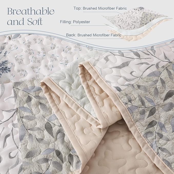 Exclusivo Mezcla Reversible Boho Quilts Twin Size, Gray Bedspreads Lightweight Coverlet All Season Patchwork Quilt Bedding Set with Printed Floral Pattern (1 Quilt, 1 Pillow Sham)