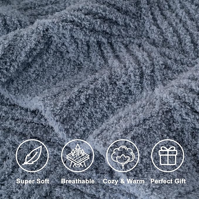 Battilo Bluish Grey Diamond Knit Throw Blanket for Couch and Bed, Soft Textured Chenille Blanket, Cozy Lightweight Decorative Blanket for Sofa, 50"x60"