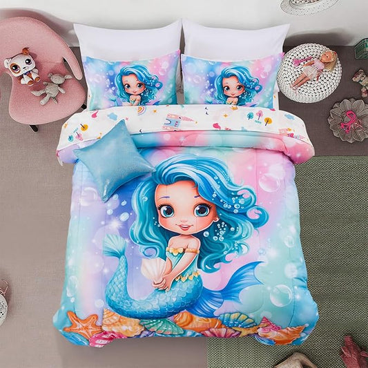 A Nice Night Mermaid Comforter Set Twin 6-Piece Bedding for Girls 3-15 Years, Soft Polyester All-Season Bed in a Bag, Princess Theme Twin Bed Quilt