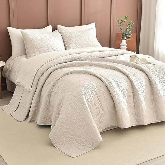 Lady Ann Oversized King Bedspreads Set for 120x120 Extra Bed, Wheat Leaves Print Summer Lightweight California King Quilt Coverlet Ultra Soft Luxurious Thin Comforter Bed Cover