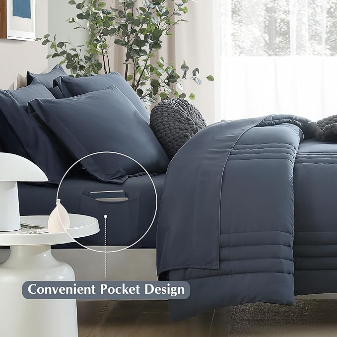 Monbix Oversized Queen Comforter Set - 7 Pieces Blue Grey Bed in a Bag Oversized Queen Bedding Sets with Comforters, All Seasons Comforter Bed Set with Sheets, Pillowcases & Shams