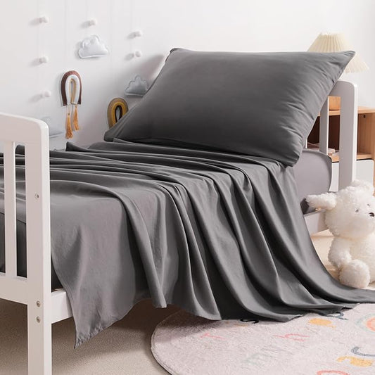 NTBAY Toddler Sheet Set - 3-Piece Microfiber Crib Sheet Set - Flat Sheet, Fitted Sheet, Pillowcase - Solid Toddler Bedding, Dark Grey