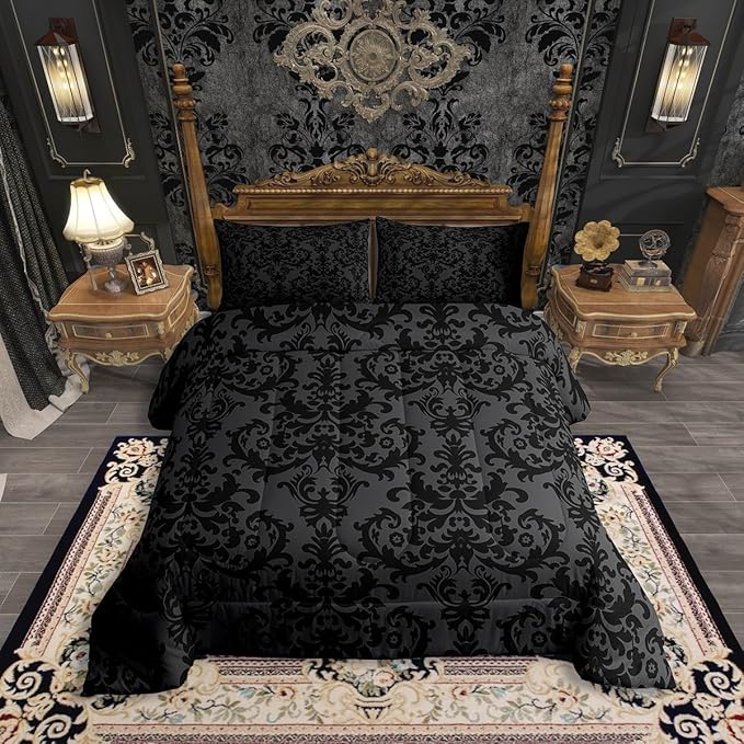 Erosebridal Adults Black Damask Bedding Set Antique Victorian Baroque Down Comforter Twin Gothic Vintage Floral Comforter Set Bohemian Exotic Bedding Quilted Grey Bedroom Decor 1 Pillow Case