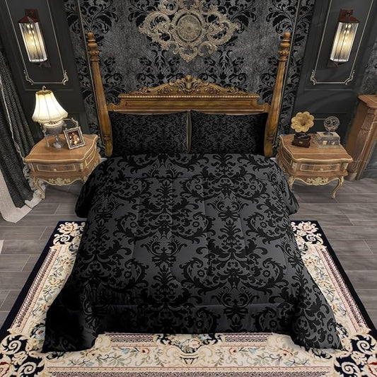 Erosebridal Adults Black Damask Bedding Set Antique Victorian Baroque Down Comforter Full Gothic Vintage Floral Comforter Set Bohemian Exotic Bedding Quilted Grey Bedroom Decor 2 Pillow Cases