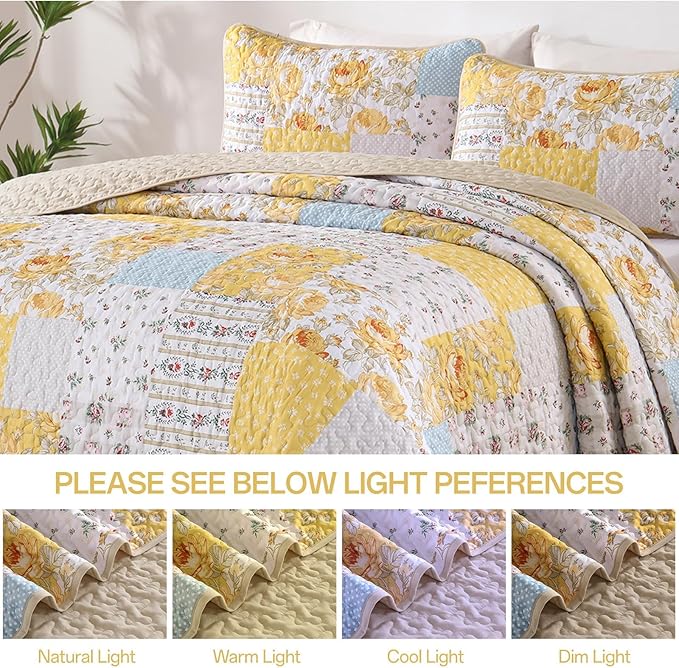 Anibedding Yellow Patchwork Quilt Set Queen Size Boho Floral Plaid Bedspread Coverlet Set, Soft Microfiber Bedding Set Summer Bed Cover, Yellow & Blue Patchwork Farmhouse Bedspread for All Season
