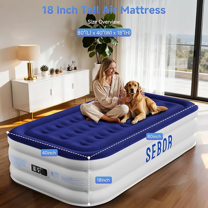 Sebor Air Mattress Twin with Built-in Pump 18", Comfortable Self-Inflating Air Mattress with High-Speed Pump, Durable Blow Up Mattress Twin with Storage Bag for Guests, Camping, Travel