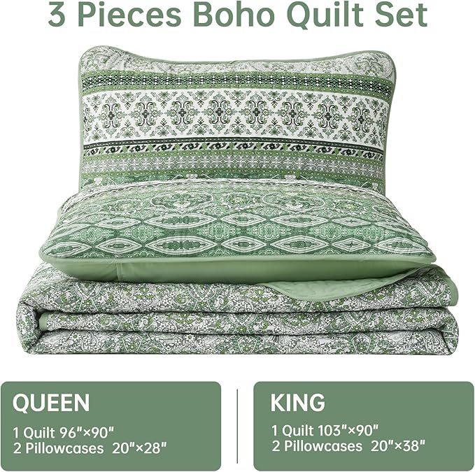 WONGS BEDDING Boho King Quilt Set, Light Green Bohemian Quilt Bedding Set, Lightweight Bed Decor Bedspread for All Season Reversible Microfiber Coverlet Bedding Set 103"x90"(3 Pieces)