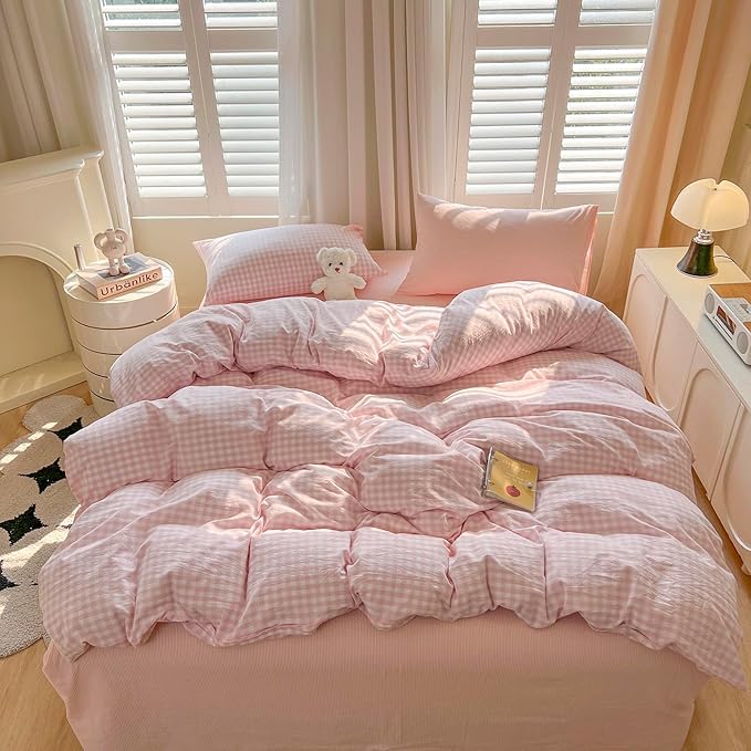 mixinni Light Pink Gingham Duvet Cover Set King Size - 100% Washed Cotton 3 Piece Plaid Checkered Bedding Set, Soft Comfy Grid Farmhouse Comforter Cover with Zipper Closure & Corner Ties