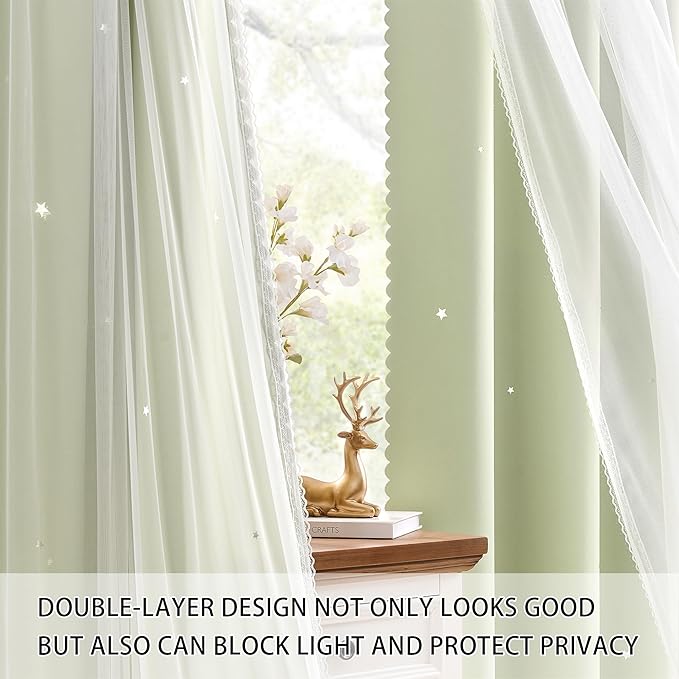 XiDi Sage Green Blackout Curtains for Kids Bedroom 96 Inches Long 2 Panels Thermal Insulated Energy Saving Living Room Window Treatment Curtains Star Blackout Drapes Nursery Kids, W34xL96 Inch, Sage