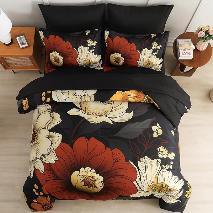 Xruibed Black Floral Comforter Set King Size 7 Pieces Bed in a Bag Flower Bedding Sets Lightweight Boho Bed Set with Sheet,Pillowcases&Shams for All Season