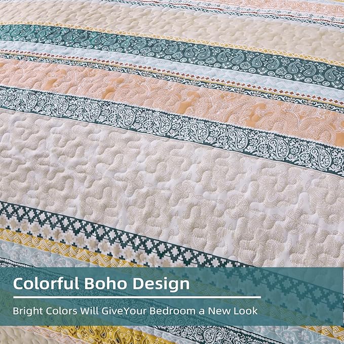 WONGS BEDDING Boho Quilt Set California King Size, Yellow Bohemian 3 Pieces Fall Quilt Sets, Lightweight Microfiber Bedspread Coverlet Bedding Set for All Season (106"x96")