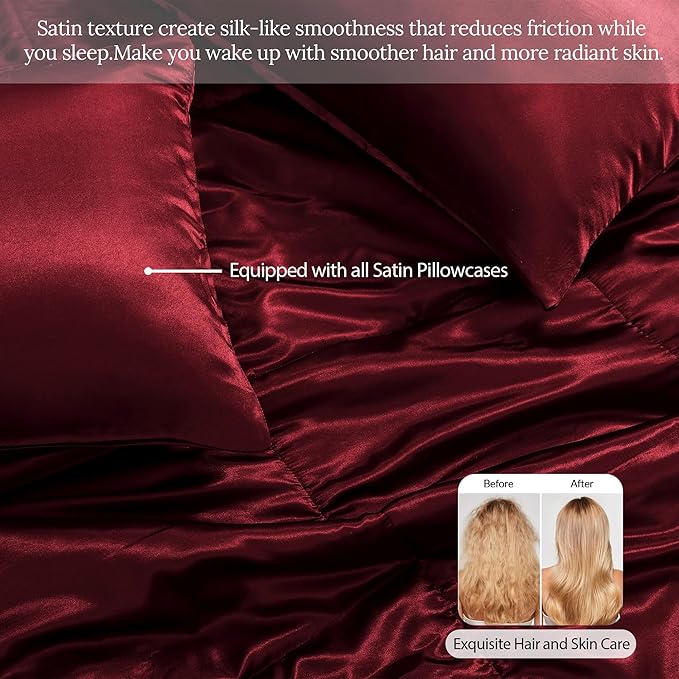 Whale Flotilla 3-Piece Reversible Silky Soft King Size Comforter Bedding Set, Luxurious Satin Comforters Oversized with 2 Satin Pillowcases, Lightweight Duvet for All Seasons, Red