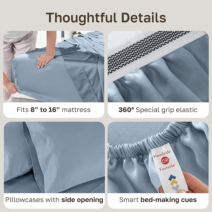California Design Den Luxury 100% Cotton Sateen - Buttery Soft 800 Thread Count Queen Bed Sheet Set, Durable Deep Pocket Sheet Set - Blue