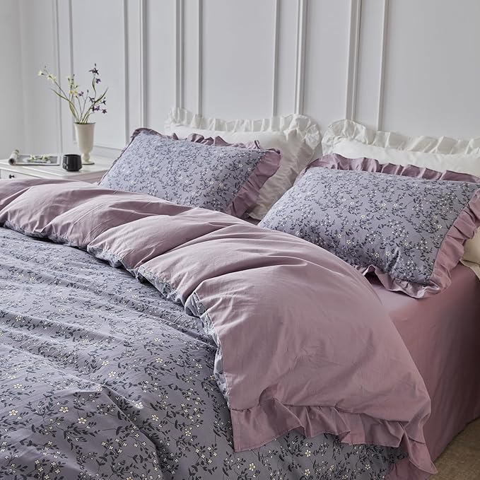 YuHeGuoJi Lavender Purple Floral Duvet Cover King 100% Cotton 3 Pcs Set 1 Lilac Purple Ruffle Duvet Cover with Zipper Ties 2 Pillow Shams Garden Farmhouse Botanical Bedding Set Soft