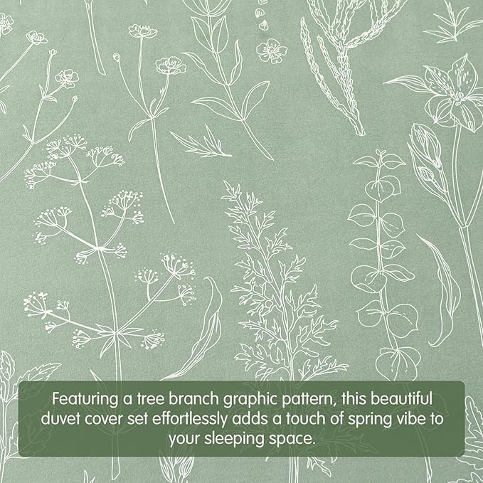 Lekesky Floral Duvet Cover King Size, Sage Green Duvet Cover King Plant Flowers Pattern Bedding Set for All Season, Soft Breathable Duvet Cover with Zipper Closure & Corner Ties