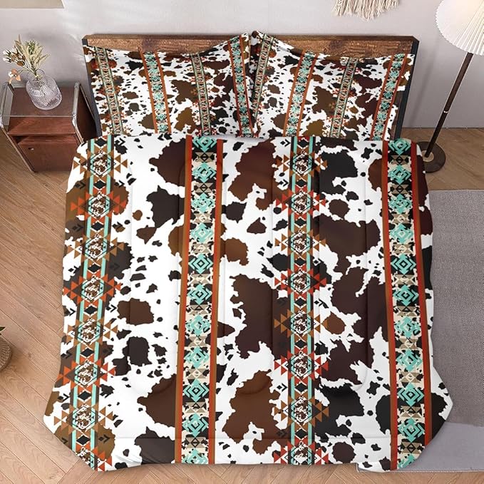 King Size Comforter Set with 2 Pillowcases, Cow Brown Cowhide 3 Pcs Soft Bedding for Kids and Adults, Vintage Western Animal Comforter Set for Bedroom Bed Decor