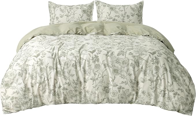 Bedsure Duvet Cover Queen Size - 100% Cotton Reversible Floral Queen Duvet Cover Set with Zipper Closure, 3 Pieces Soft & Breathable Botanical Green Bedding Set with 2 Pillow Shams 20"x26"