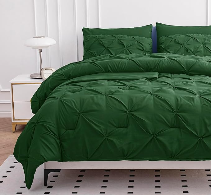 Queen Size Comforter Set – 7 Pc All in One, Bed in a Bag - Featuring Modern Pintuck Stitch Design - Includes Comforter, 2 Pillowcases, 2 Shams, Flat & Fitted Sheet - Apartment Essentials - Olive Green | Apartment ready, Textured bed look, Light comfort...