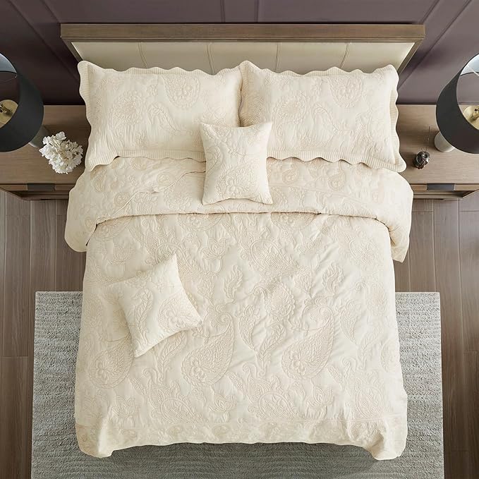 HZ & HY Oversized King Bedspread, Quilted Coverlet Bedding Set, Lightweight Thin Comforter, Reversible, Luxurious, 5 Piece, 100% Microfiber, Ivory Yellow