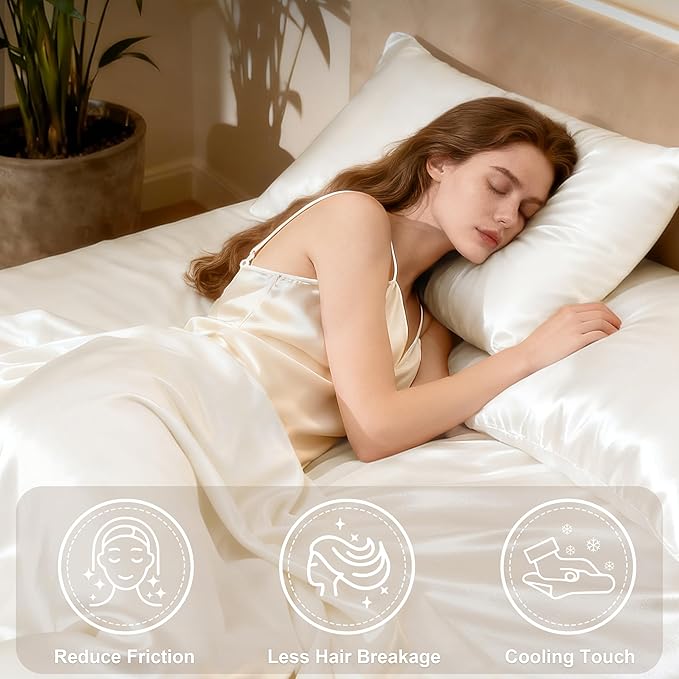 Love's cabin Full Size Satin Sheet Sets - 4 Piece Ivory Silky Sheet Set Full with Deep Pocket, Luxury Silk Feel Bed Sheets Full Bedding Set (1 Flat Sheet,1 Fitted Sheet,2 Pillow Cases)