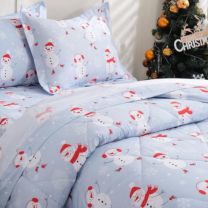 JSD Blue Snowman Kids Comforter Set Twin Size, 2 PC Christmas Winter Printed Microfiber Bedding Set