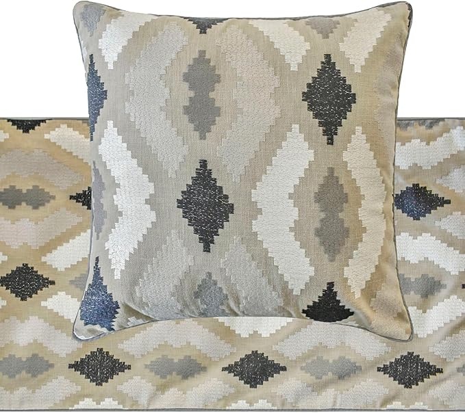 The HomeCentric King/Queen/Twin Beige Decorative Bed Runner Twin 53"x18" Bed Runner with Two Pillow Cover, Embroidery,Aztec Bed Scarf on Linen Fabric - Thread Tale