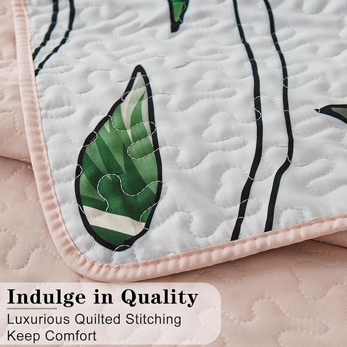 Yogeneg King Quilt Bedding Set,White Green Botanical Pattern Blush King/Cal King Quilt Set,3 Piece Lightweight Soft Summer Bedspread Coverlet with 2 PIillow Shams,All Season(Blush,110"x96")