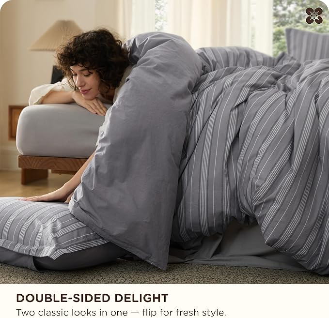 Bedsure Striped Duvet Cover King Size,100% Washed Cotton Duvet Cover Linen Like Textured, Classic Striped Pattern Enhances Bedroom Comfort and Style, Stripes Grey, 104"x90"