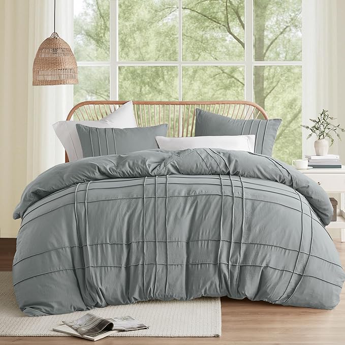 Comfort Spaces Blue/Grey Queen Size Duvet Cover Set - 3 Pieces Pintuck Pleated Duvet Cover, All Season Lightweight, Extra Softness Pre-Washed Microfiber Bedding Cover Shams