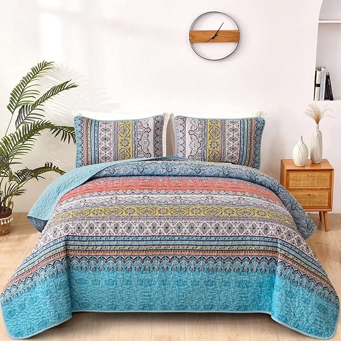 WONGS BEDDING Boho Queen Quilt Set, Pink and Blue Bohemian Quilt Bedding Set, Lightweight Bed Decor Bedspread for All Season Reversible Microfiber Coverlet Bedding Set 96"x90"(3 Pieces)