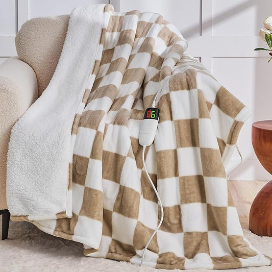 Light Brown Heated Blanket Electric Twin Size, 62X84 Heating Blanket with 10 Heat Level & 8 Hours Auto Off, Checkered Plaid Soft Fleece Sherpa Blankets Warmer Gifts for Couch Grandma Women Adults