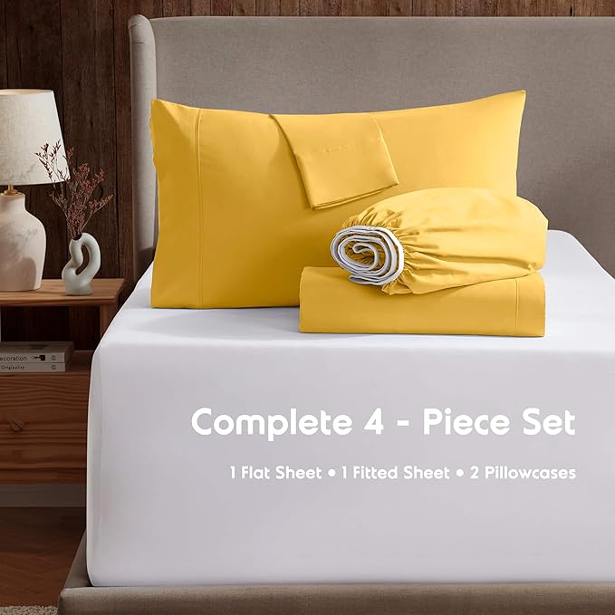 Nestl Twin Sheet Set - 1800 Ultra-Soft Microfiber Twin Bed Sheets - Double Brushed - Deep Pockets - Easy Fit - Extra Soft - 3 Piece Set - Bedding Sheets & Pillowcases (Twin, Yellow)