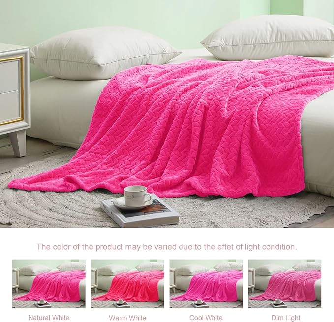 Exclusivo Mezcla Fleece Throw Blanket for Couch and Bed, 50x70 Inches Soft Cozy Jacquard Flannel Blankets, Lightweight Fuzzy Plush Warm Throws for Women, Hot Pink
