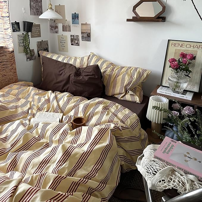 mixinni Retro Striped Duvet Cover Set King - 100% Natural Cotton 3-Piece Vintage Red Stripes Pattern Printed Bedding Set, Soft Breathable Comforter Cover with Zipper Closure & Corner Ties, King Size