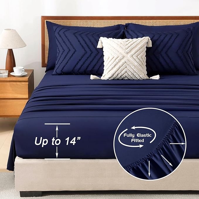 Litanika California King Size Comforter Set with Sheets Navy Blue - 7 Pieces Bed in a Bag Cal King Chevron Tufted Complete Bedding Sets with Comforter, Sheets, Pillowcases & Shams