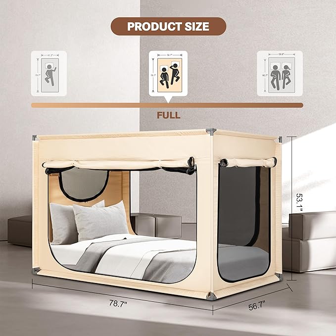 Full Bed Canopy Portable Blackout Bed Tent Privacy Tent for Adult Indoor Sleeping with 3 Doors, Storage Bag, Khaki