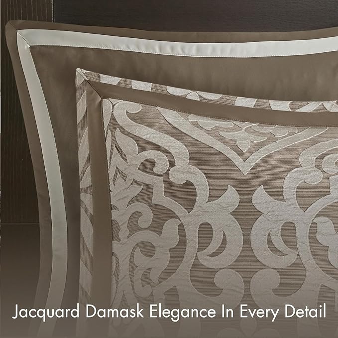 Madison Park Odette Cozy Comforter Set Jacquard Damask Medallion Design - Modern All Season, Down Alternative Bedding, Shams, Decorative Pillows, Queen(90 in x 90 in), Tan 8 Piece