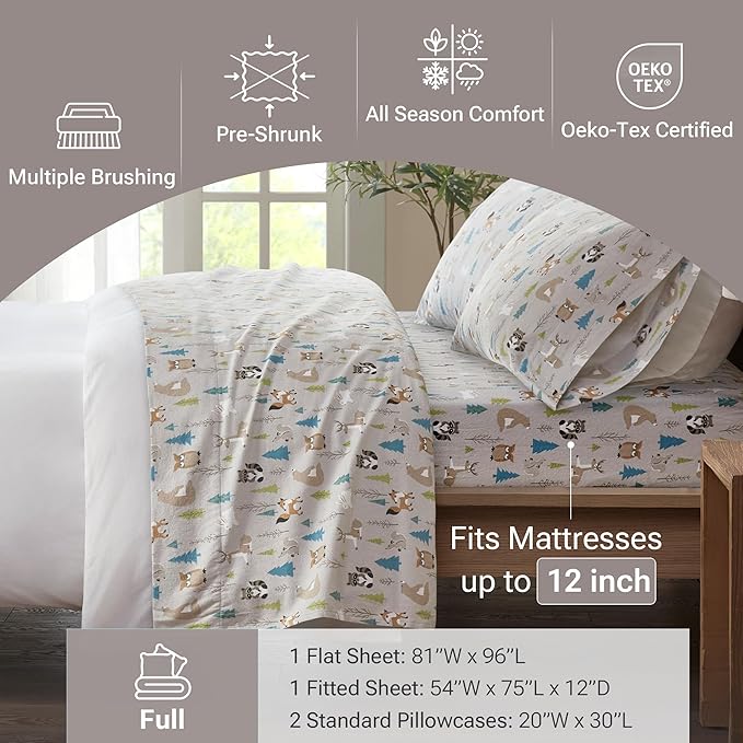 True North by Sleep Philosophy Cozy Flannel Warm 100% Cotton Sheet - Novelty Print Animals Stars Cute Ultra Soft Cold Weather Bedding Set, Full, Multi Forest Animals 4 Piece