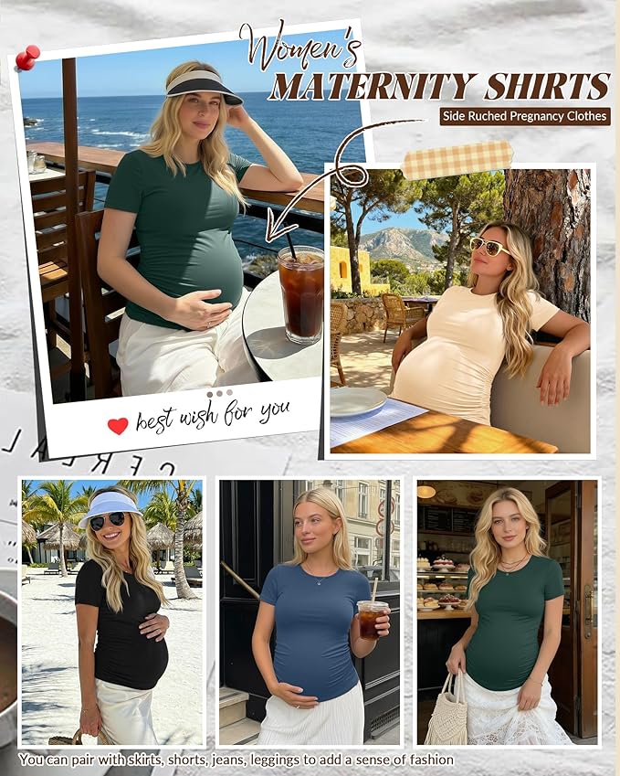 Huukeay 4 Pack Women's Maternity Shirts, Crew Neck Maternity Top Short Sleeve Casual Cotton Tee Side Ruched Pregnancy Clothes