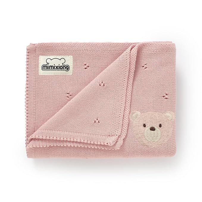 mimixiong Organic Cotton Baby Blanket Neutral Knitted Soft Crib Nursery Swaddling Receiving Blankets for Newborn Baby Boy Girl 40x30 Inch Pink