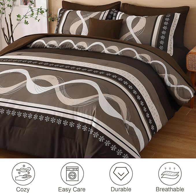 Brown Comforter Set Full Size, 8 Pieces Bed in a Bag Patchwork Striped Comforter Set, Soft Microfiber Boho Bedding Set for All Season(78"×90")