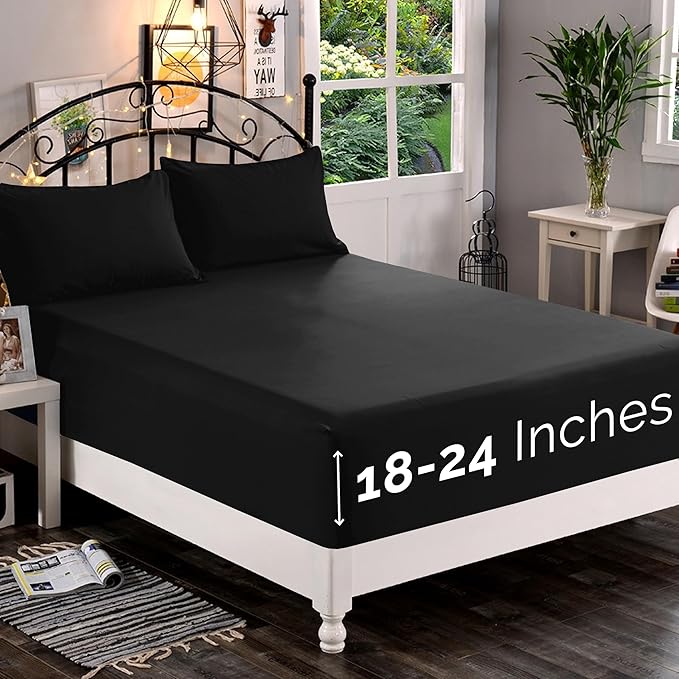 Elegant Comfort 1500 Premium Quality Fitted Sheet Ultra Soft 18-24 Inch Extra Deep Pocket - Single Fitted Sheet for High Mattress - Wrinkle Free with Smart Storage Pockets, Twin/Twin XL, Black