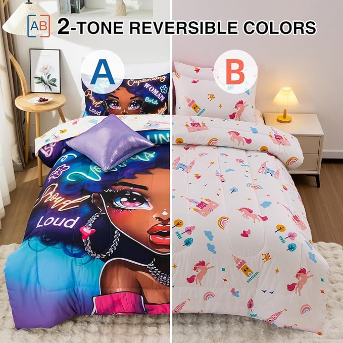 A Nice Night 6pcs Comforter Sets,Black Girl with Fashionable Attire Printing, Printed with Letters Background Kids Bedding Set,Queen