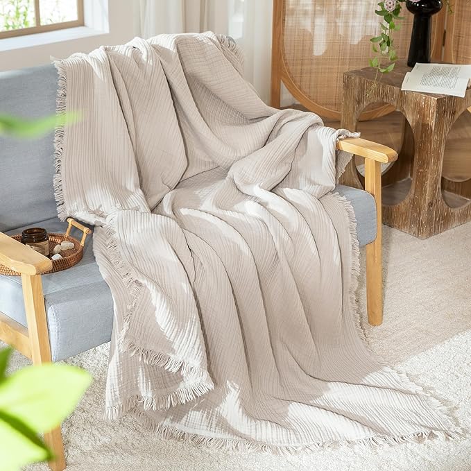 MooMee Muslin Blanket - 100% Cotton 4-Layer Gauze Throw Blanket with All-Around Fringe, Ultra-Soft Breathable Lightweight Cooling Decorative for Bed, Sofa & Couch (Cream Grey,King 104" x 90")